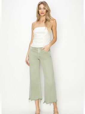 RISEN PLUS Women's Sage Green High-Rise Wide Leg Crop Jeans NEW